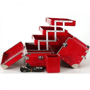 3단 특大 악어무늬 레드 메이크업박스-DFF303-C RED